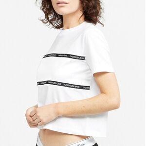 Calvin Klein White Boxy Crop T-Shirt Size Small With Logo Stripestripes.